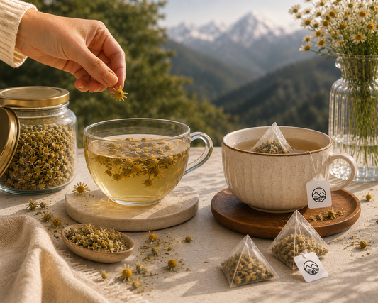 Whole flower chamomile and pyramid tea bags made with chamomile flowers, illustrating the comparison between loose chamomile and tea bags.