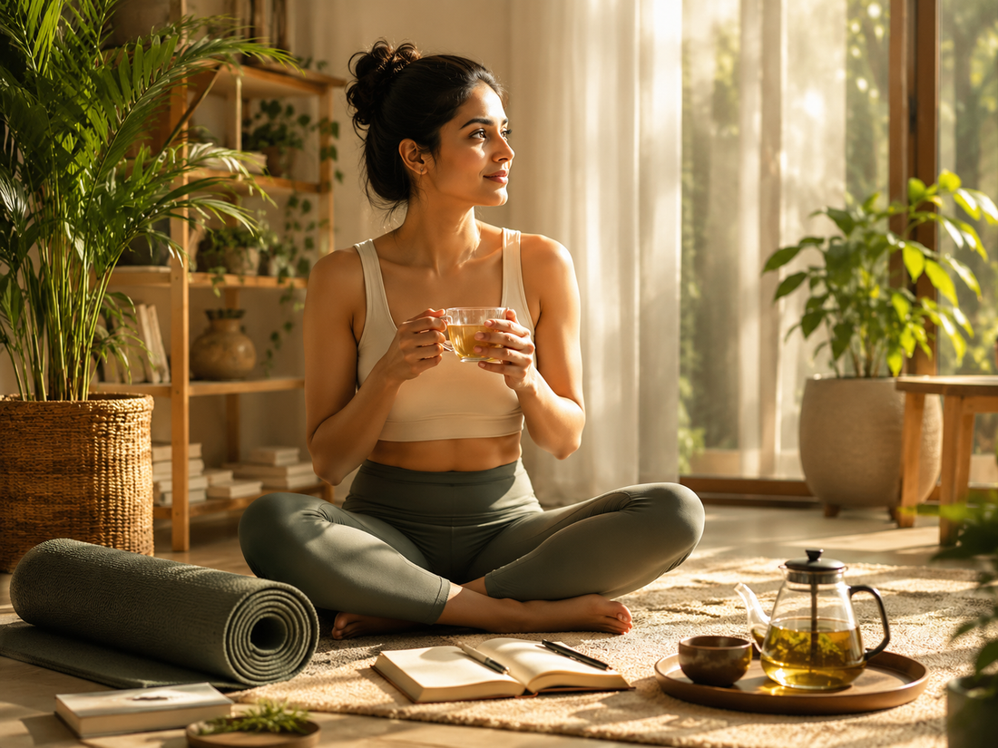 A woman enjoying herbal tea after morning yoga as part of a mindful wellness ritual with Mountain Kahani herbal teas.