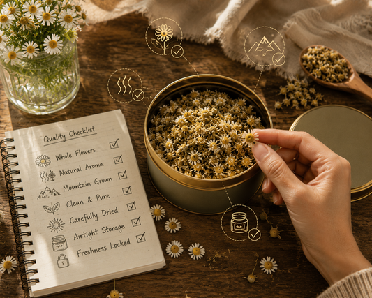Whole chamomile flowers being inspected using a quality checklist, reflecting Mountain Kahani's approach to sourcing and preserving premium Himalayan chamomile
