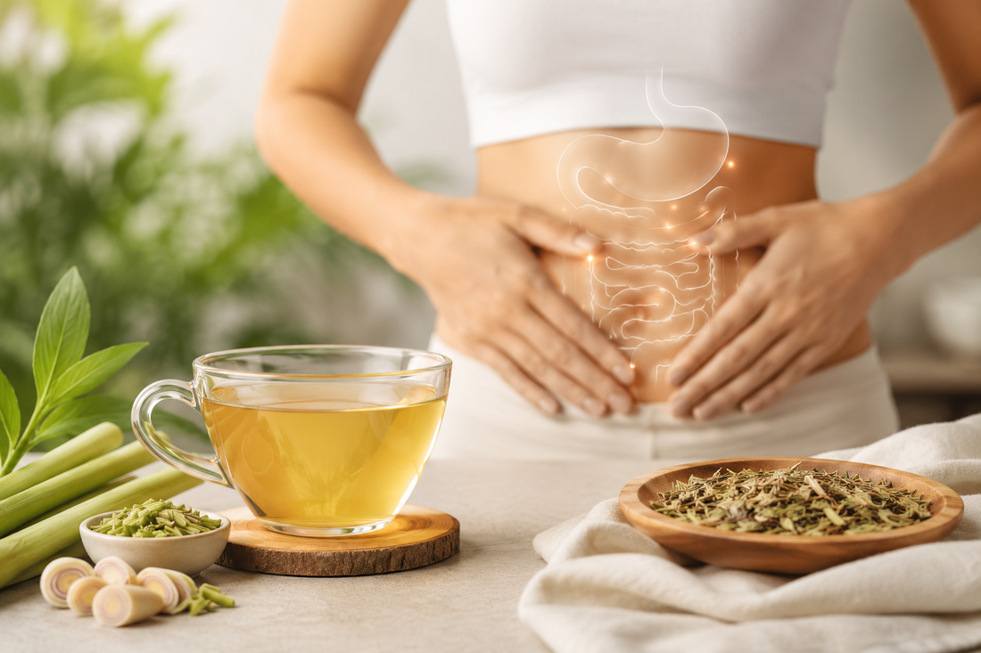 Herbal lemongrass tea supporting gut health and clear skin
