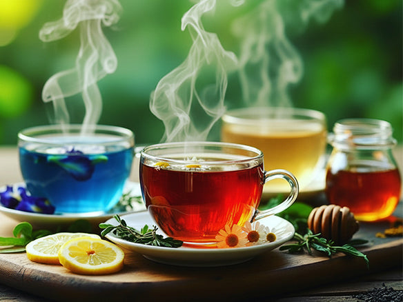 Herbal wellness teas including chamomile, lemongrass, and blue pea flower tea