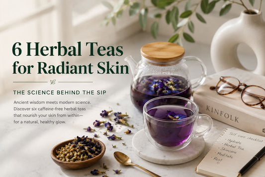 Herbal teas for radiant skin including hibiscus, chamomile, and butterfly pea flower